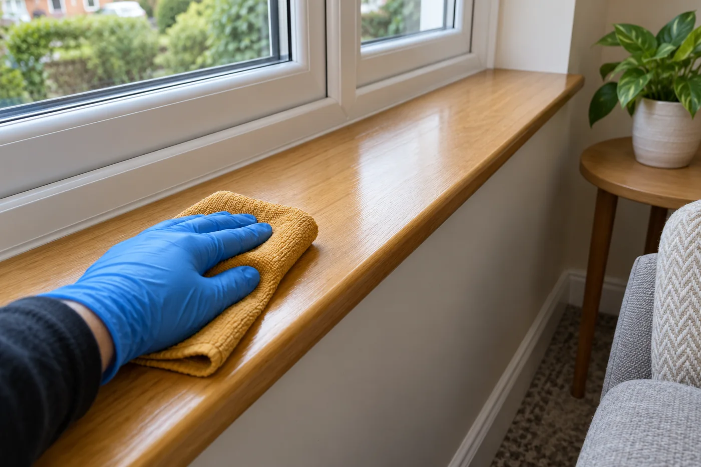Gloved hand wiping a broad internal window ledge with an ochre microfibre cloth