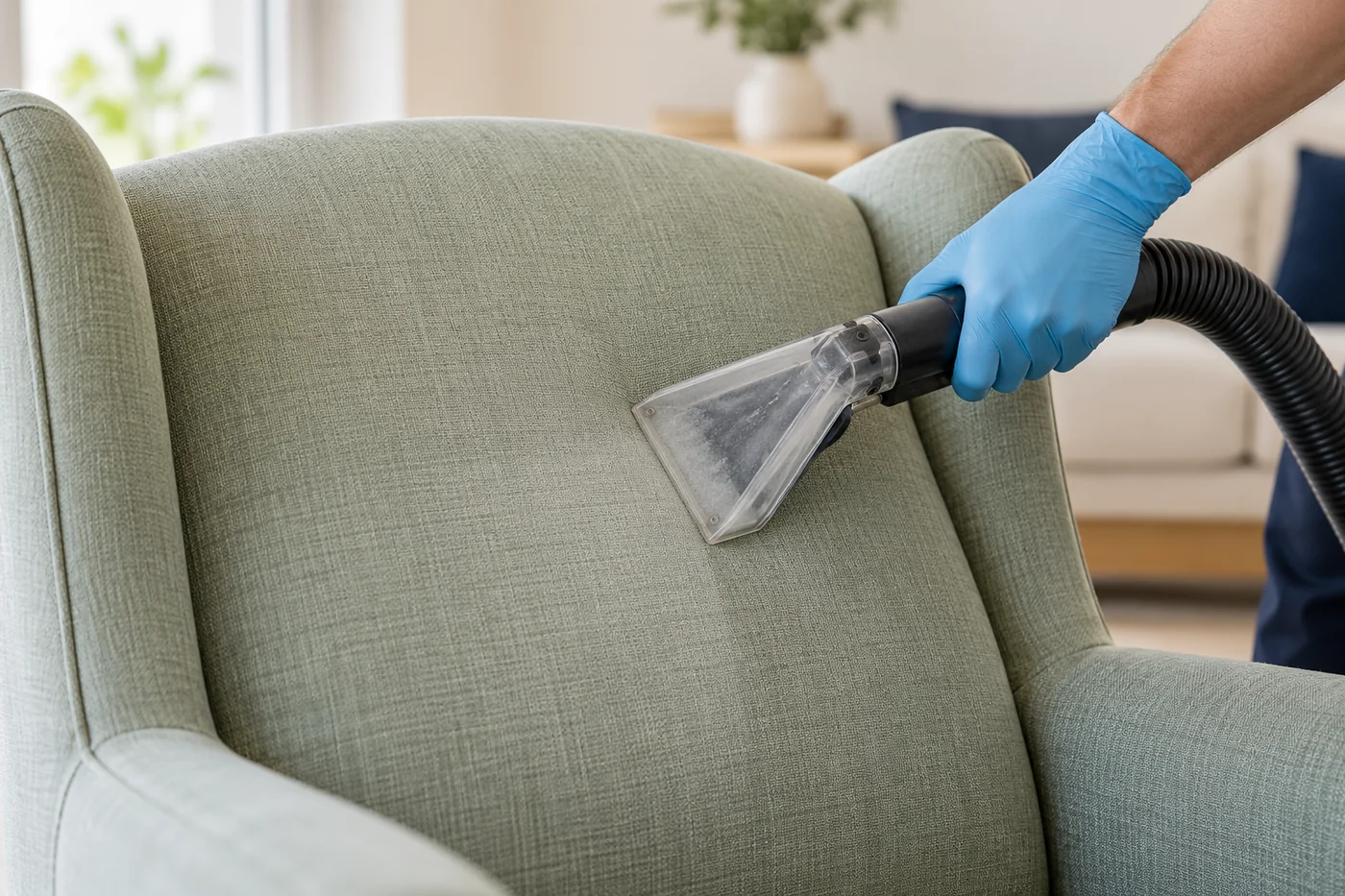 Blue-gloved hand holding an upholstery nozzle against the fabric backrest of a sage armchair