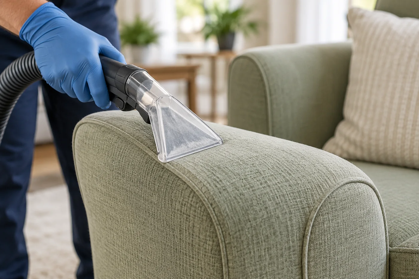Blue-gloved hand holding an upholstery nozzle against the top of a sage armchair arm