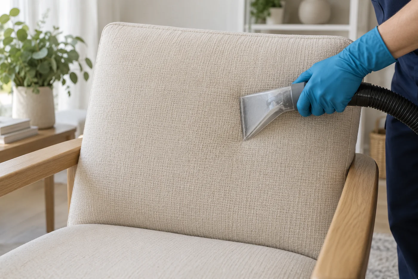 Blue-gloved hand holding an upholstery extraction nozzle against a pale armchair back