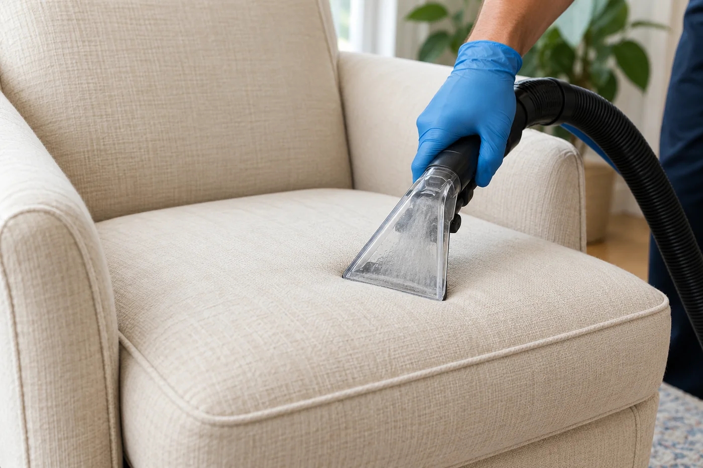 Blue-gloved hand holding an upholstery nozzle against a cream armchair seat