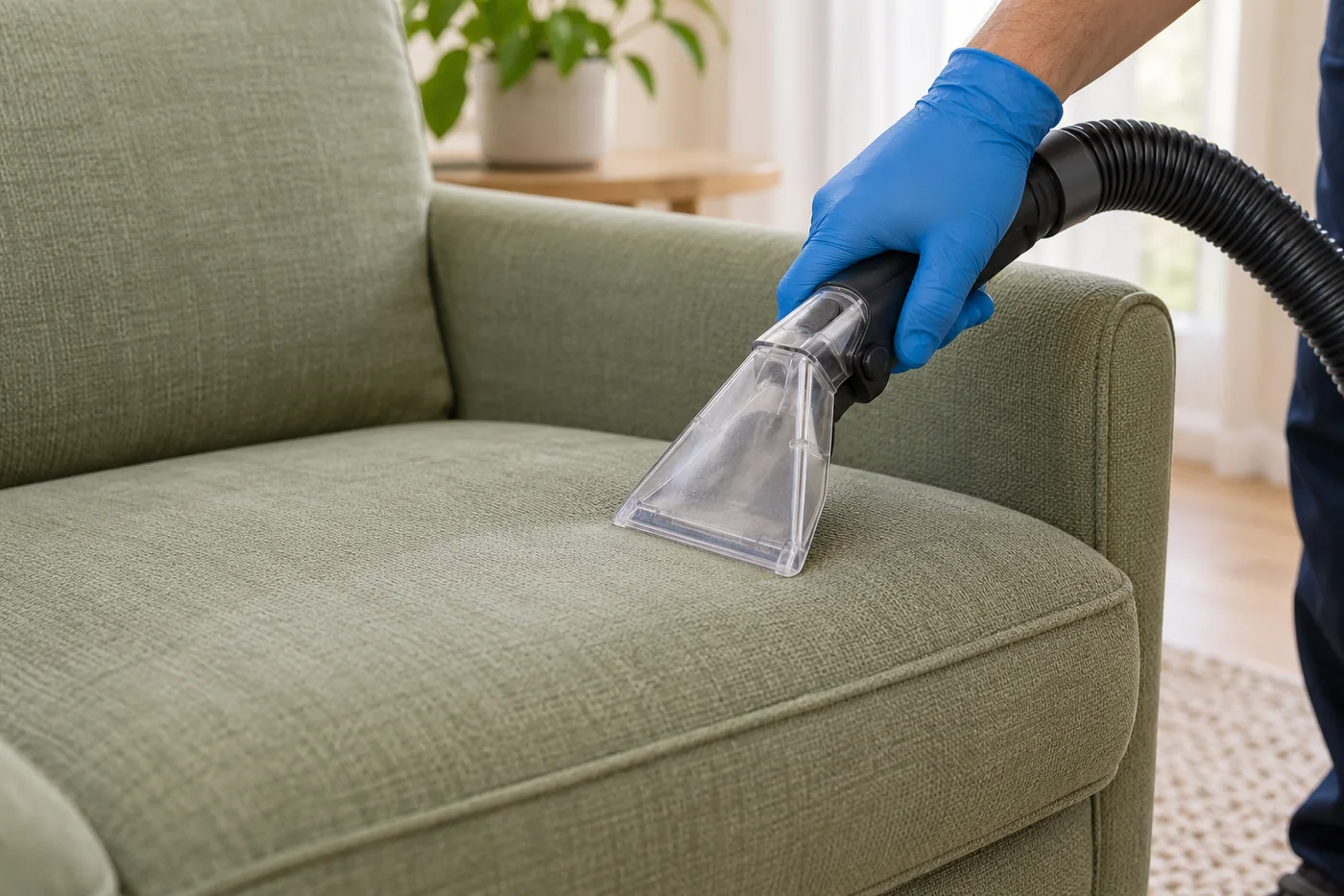 Blue-gloved hand holding an upholstery nozzle against the seat of a sage armchair