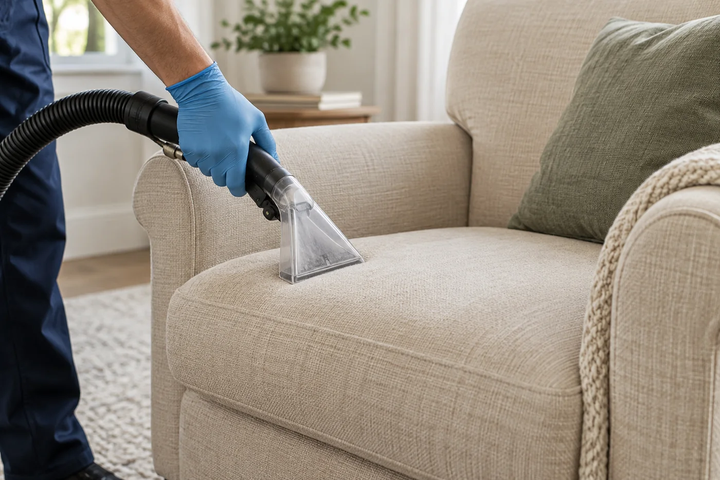 Blue-gloved hand holding an upholstery extraction nozzle against a pale armchair seat