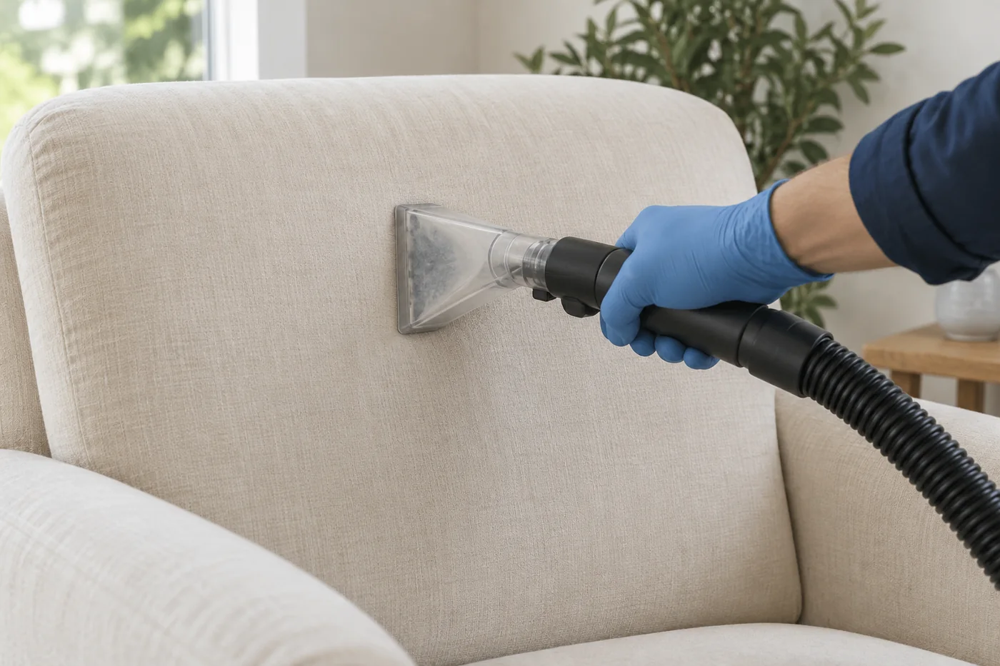 Blue-gloved hand holding an upholstery nozzle against the middle of a cream armchair back