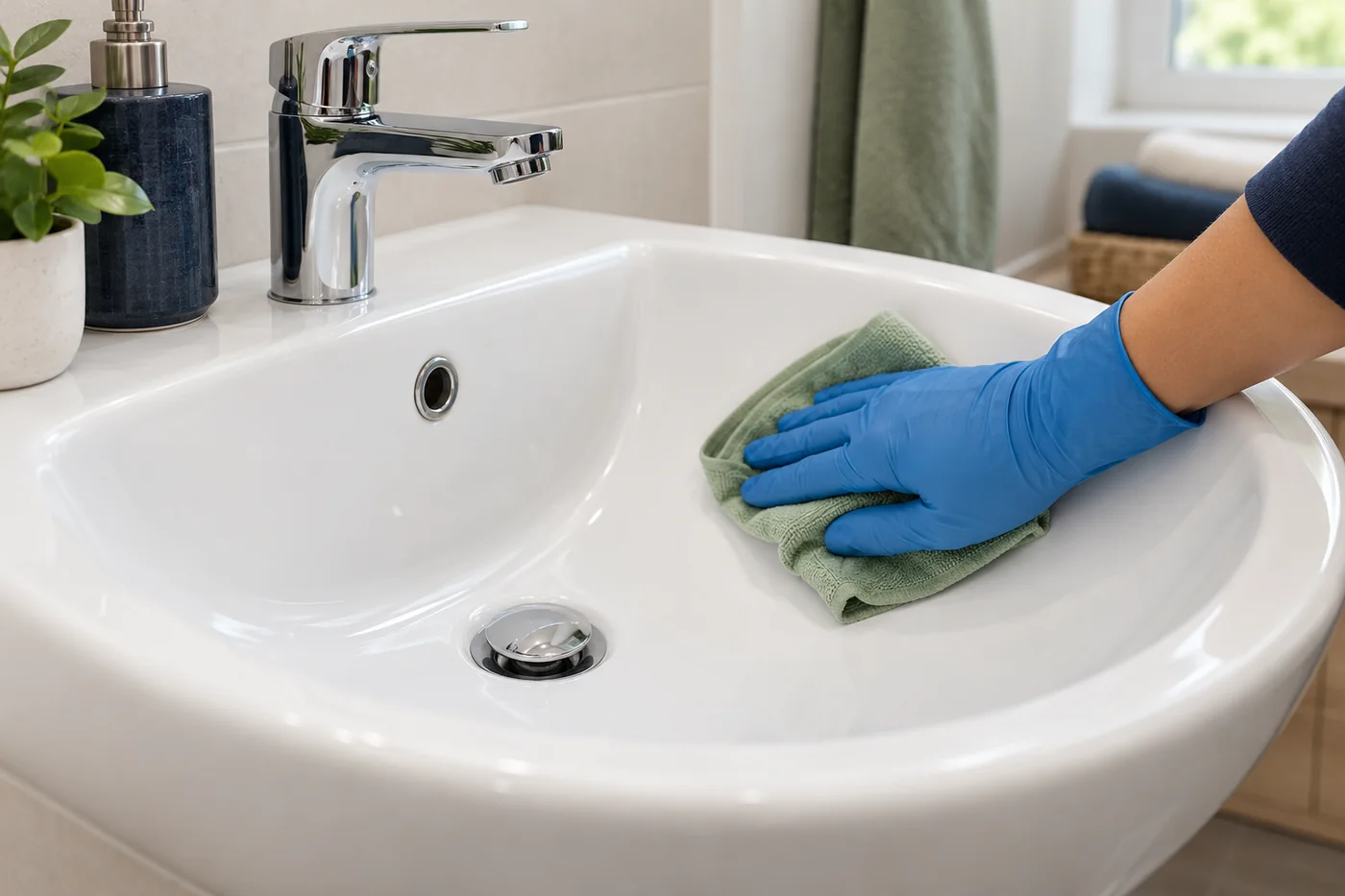 Blue-gloved hand wiping the inner bowl of a white bathroom basin with a folded green cloth
