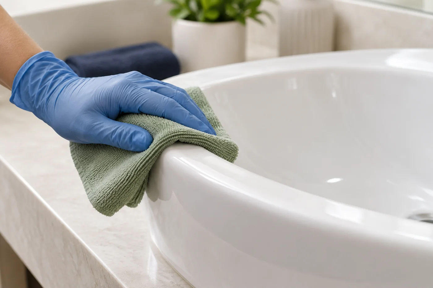 Blue-gloved hand holding a sage cloth against the outer rim of a white ceramic basin