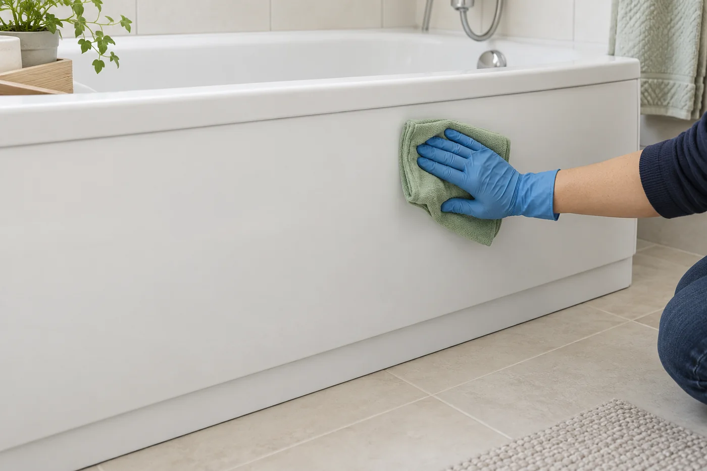 Blue-gloved hand wiping a pale bath front panel with a green cloth