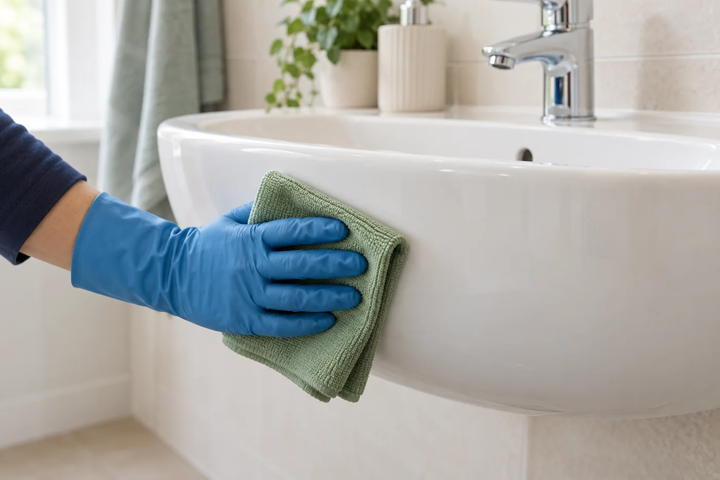 Blue-gloved hand wiping the white exterior curve of a bathroom basin with a sage cloth
