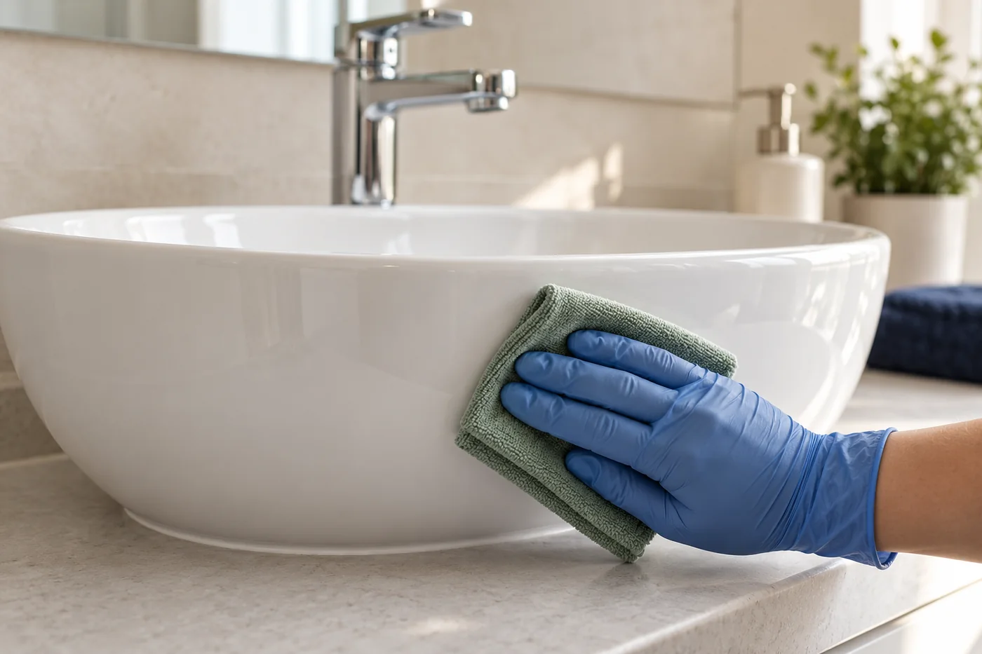 Blue-gloved hand wiping the outer curved face of a white basin with a sage cloth