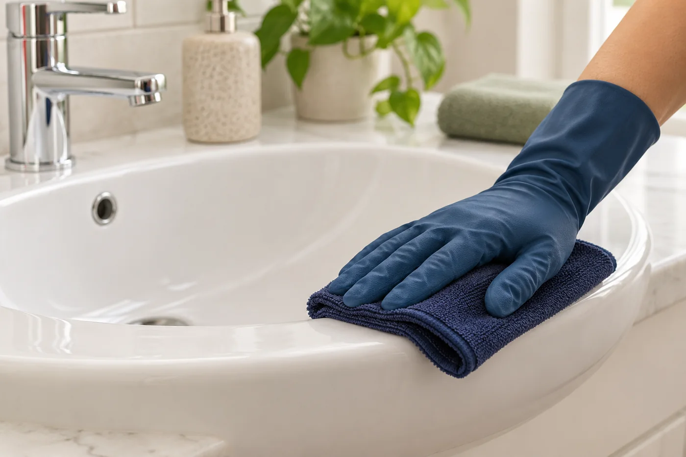 Navy-gloved hand wiping a white basin rim with a navy cloth