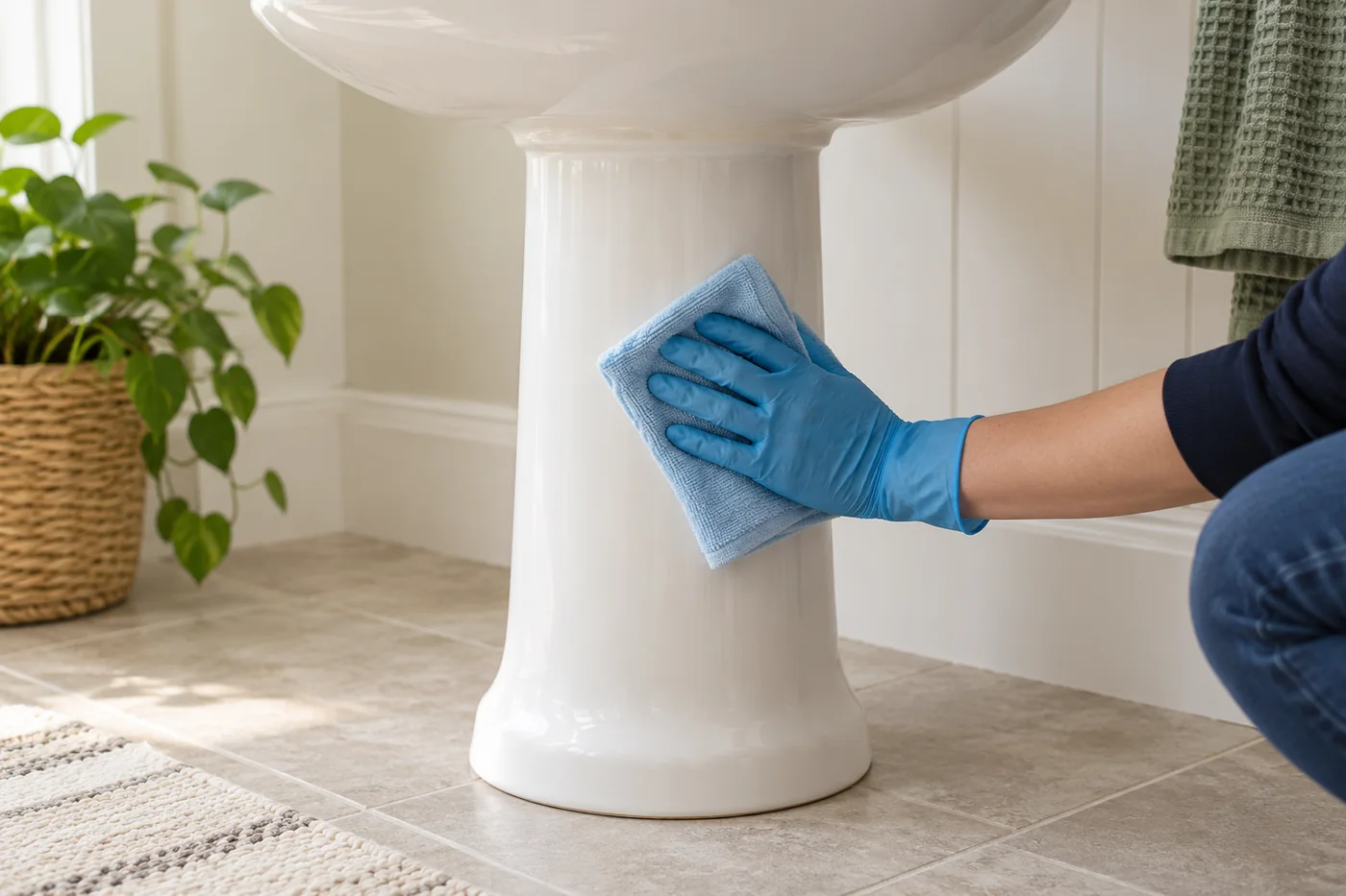 Blue-gloved hand wiping a white basin pedestal with a pale blue cloth