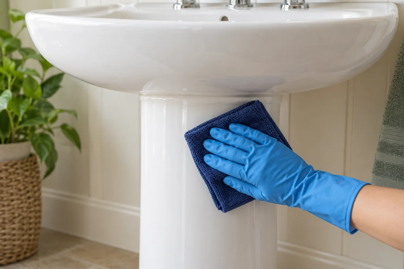 Blue-gloved hand holding a navy cloth against the front of a white basin pedestal