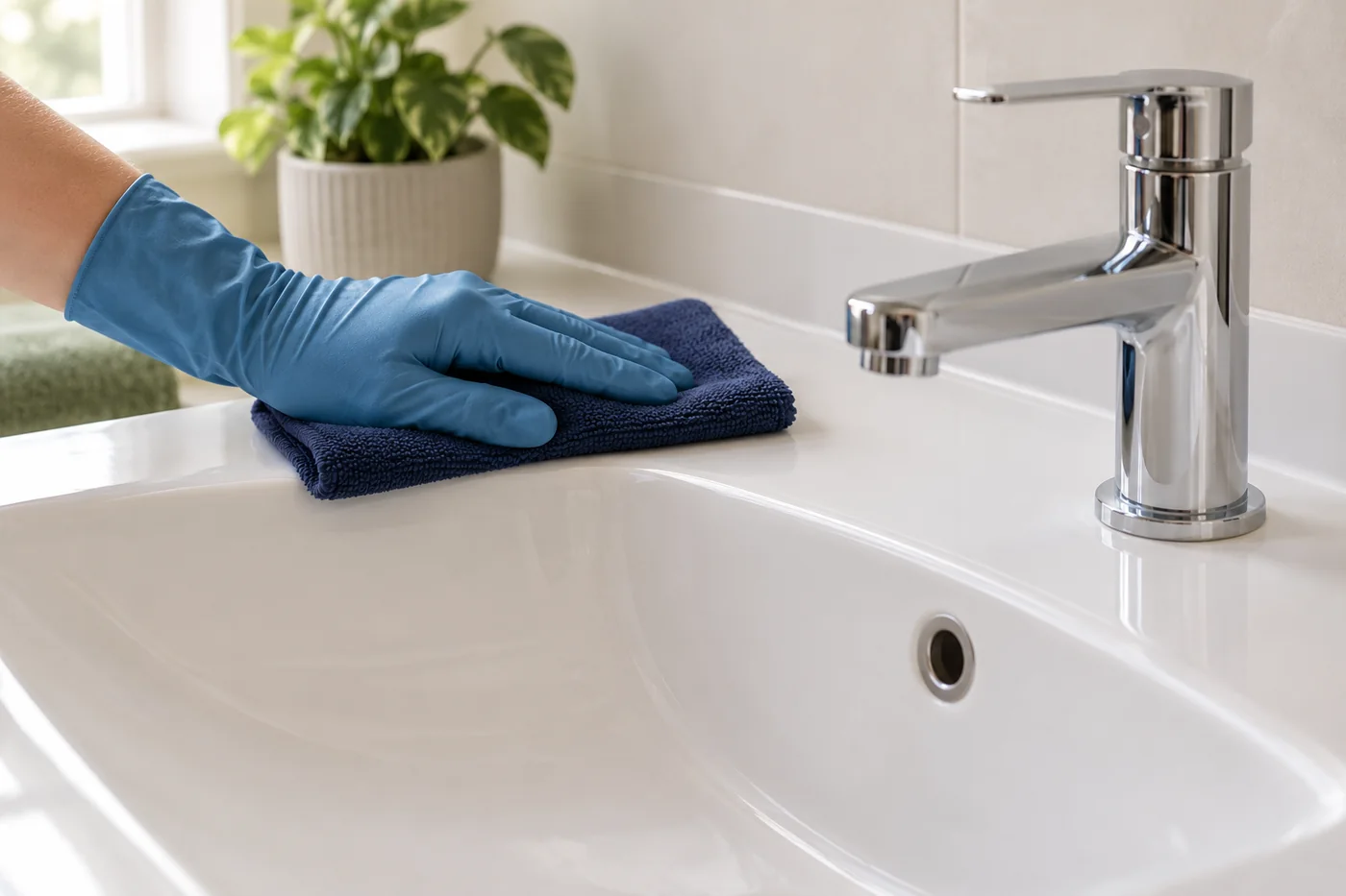 Blue-gloved hand wiping the rear ledge of a white basin with a navy cloth