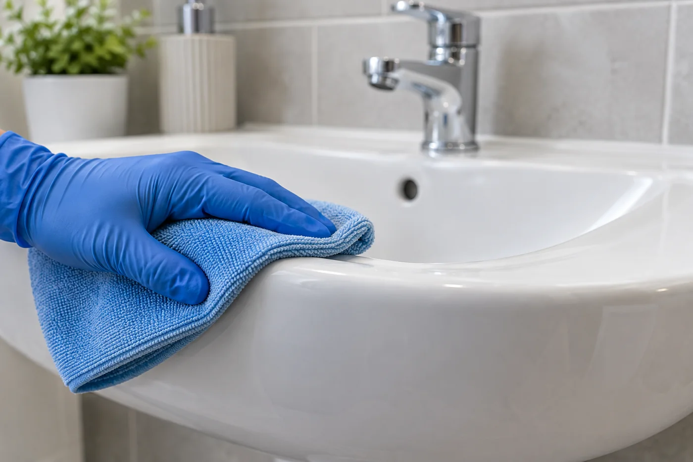 Blue-gloved hand wiping the curved rim of a white bathroom basin with a blue cloth