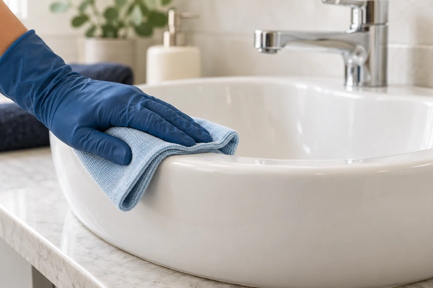 Blue-gloved hand wiping the rim of a white basin with a pale blue cloth
