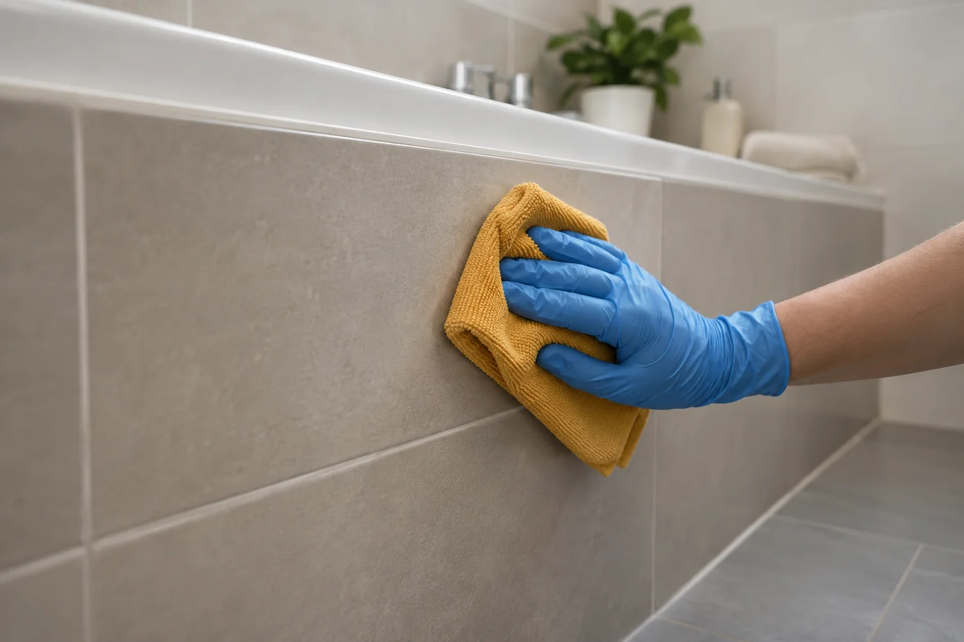 Blue-gloved hand holding an ochre cloth against the tiled side panel of a bath