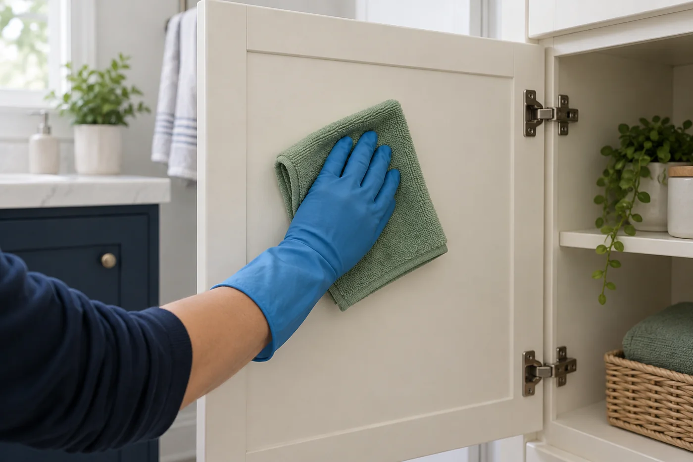 Blue-gloved hand wiping the inner face of an open bathroom cabinet door with a sage cloth