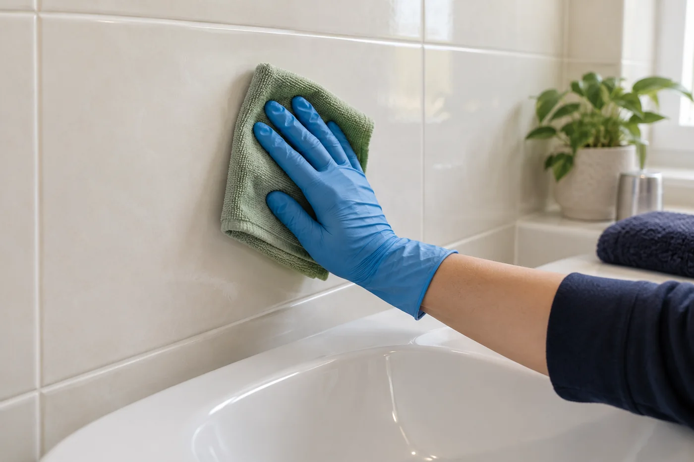 Blue-gloved hand wiping pale bathroom splashback tiles above a basin with a sage cloth