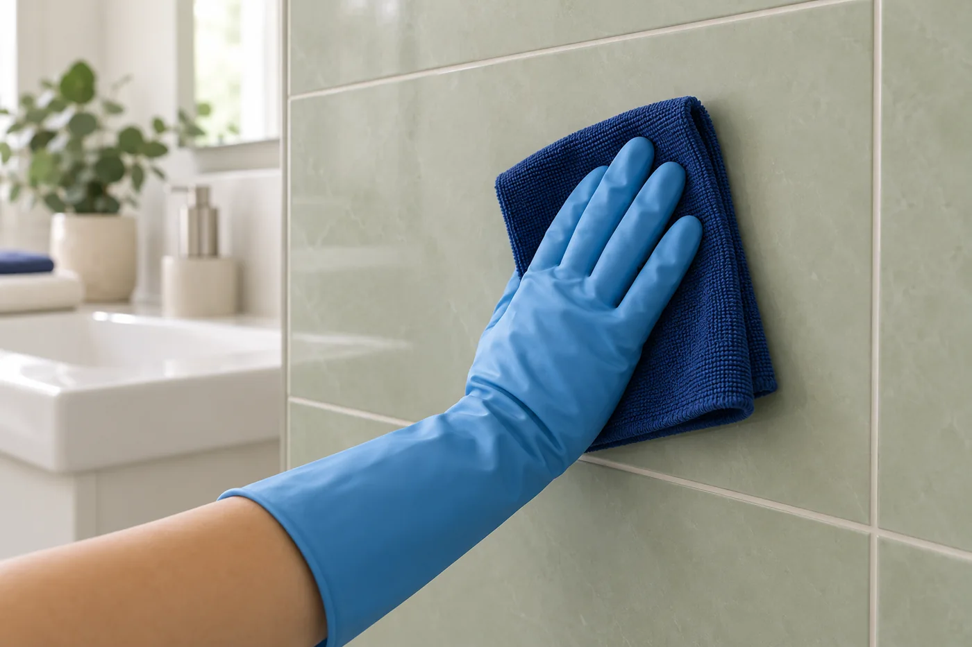 Blue-gloved hand holding a navy cloth against a pale sage bathroom tile