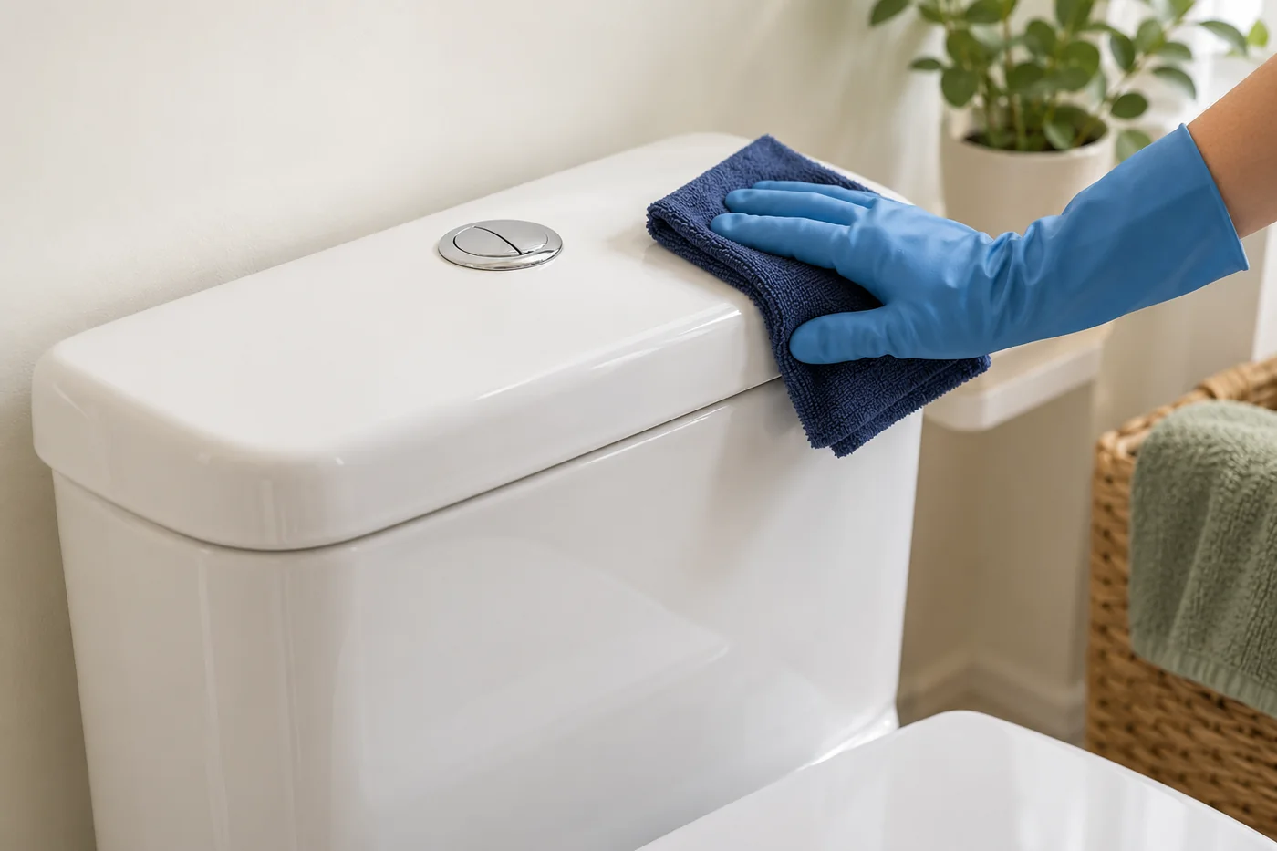 Blue-gloved hand wiping the ceramic lid of a white toilet cistern with a navy cloth