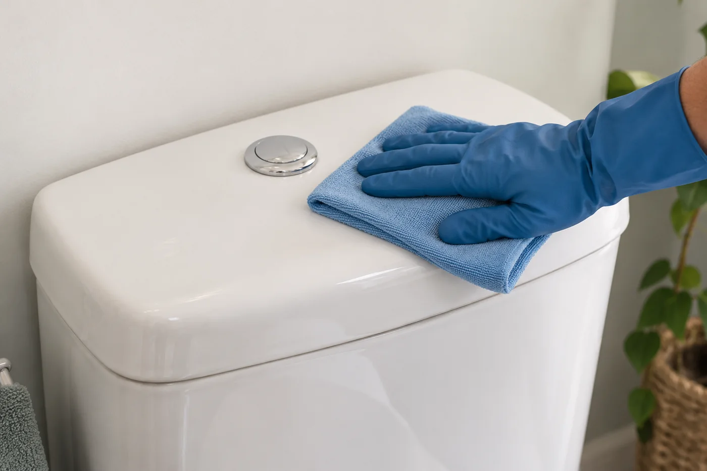 Blue-gloved hand wiping a white toilet cistern lid with a blue cloth