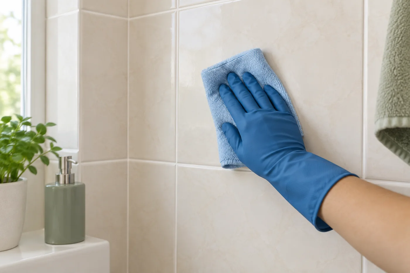 Blue-gloved hand wiping a cream bathroom tile face near a wall corner with a pale blue cloth