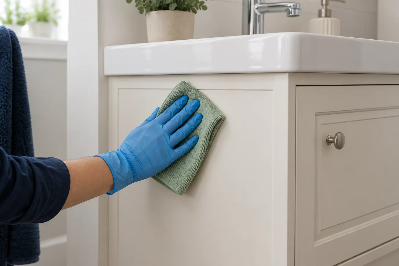 Blue-gloved hand wiping a cream bathroom cabinet side panel with a sage cloth