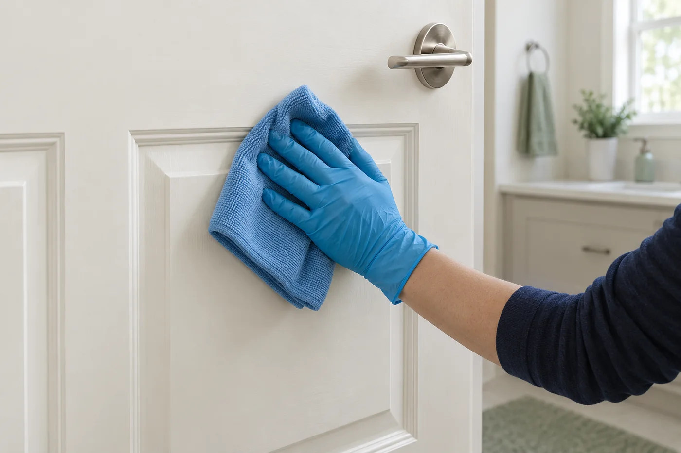 Blue-gloved hand wiping a pale bathroom door panel with a blue cloth