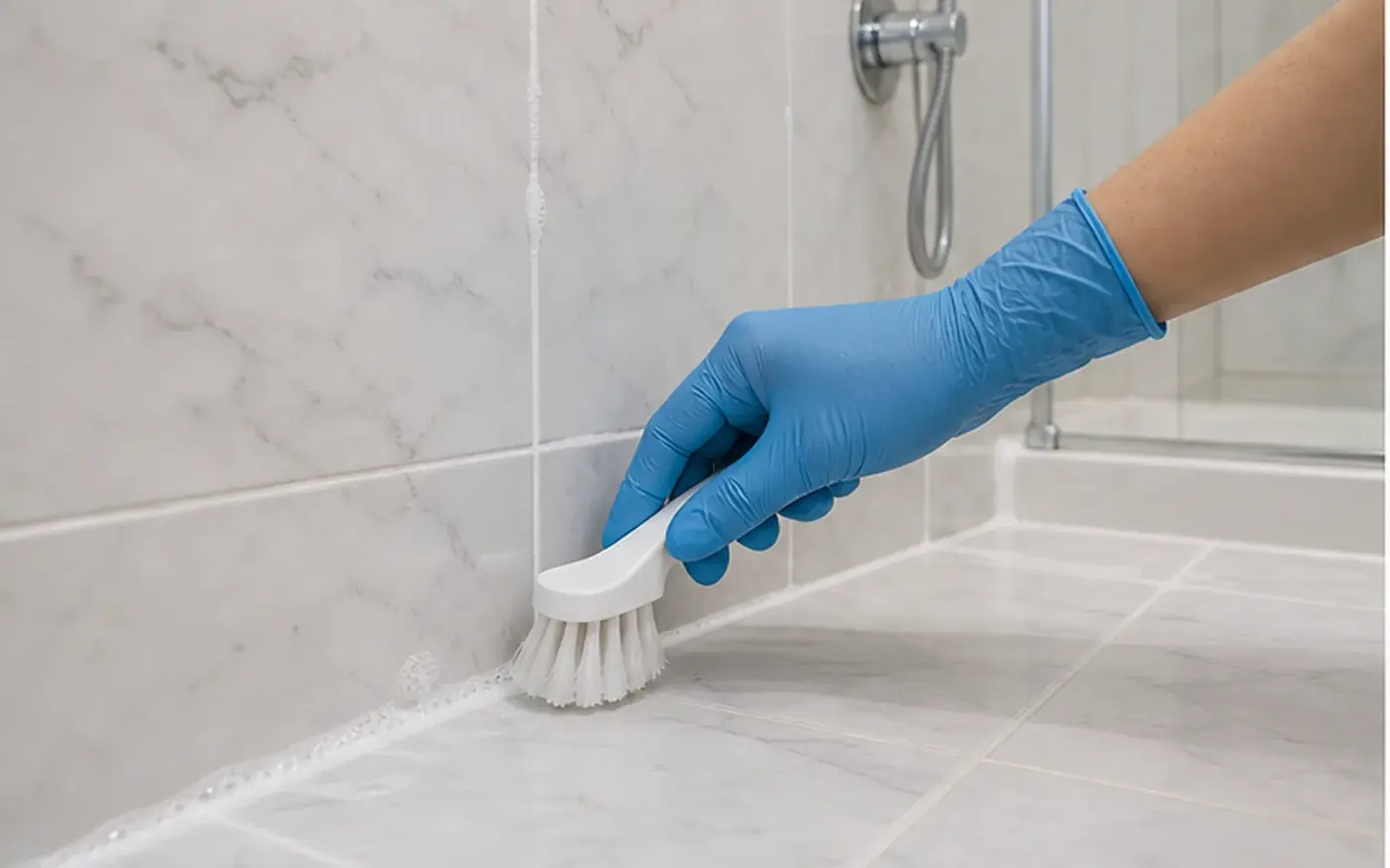 Gloved hand scrubbing grout between bathroom floor tiles