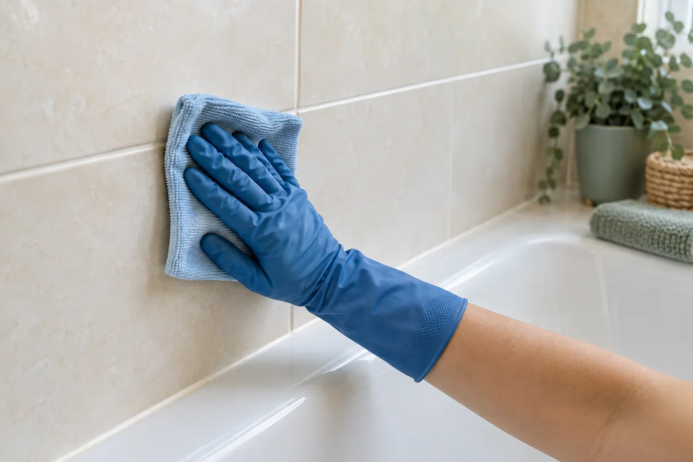 Blue-gloved hand pressing a pale blue cloth against bathroom tiles beside a bath rim