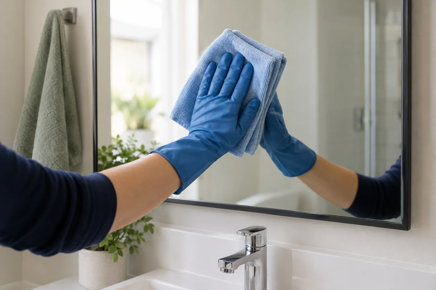 Blue-gloved hand wiping a bathroom mirror with a blue cloth