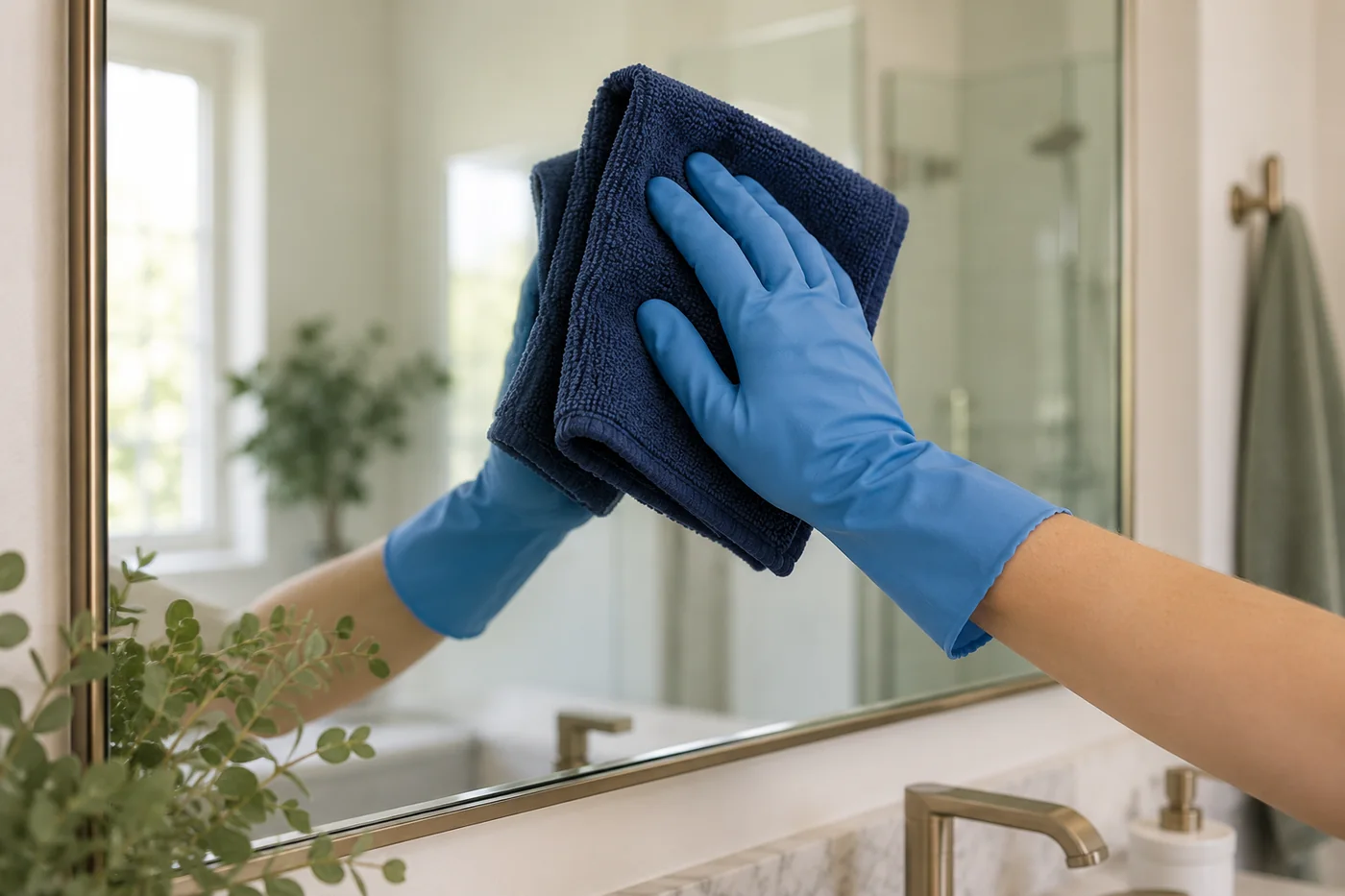 Blue-gloved hand wiping a bathroom mirror with a navy cloth
