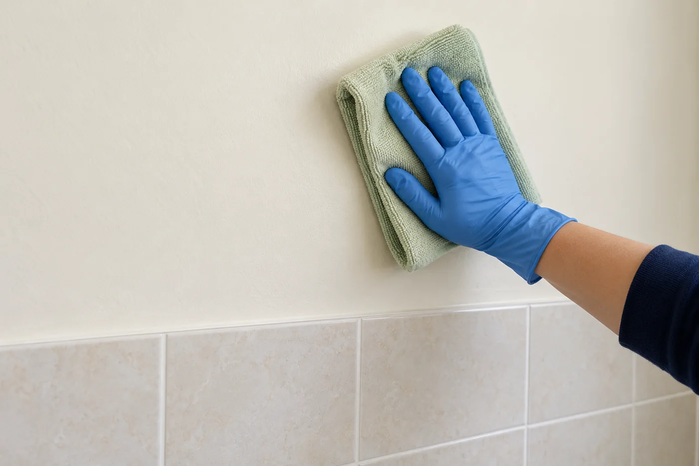 Blue-gloved hand wiping a cream painted bathroom wall with a sage cloth