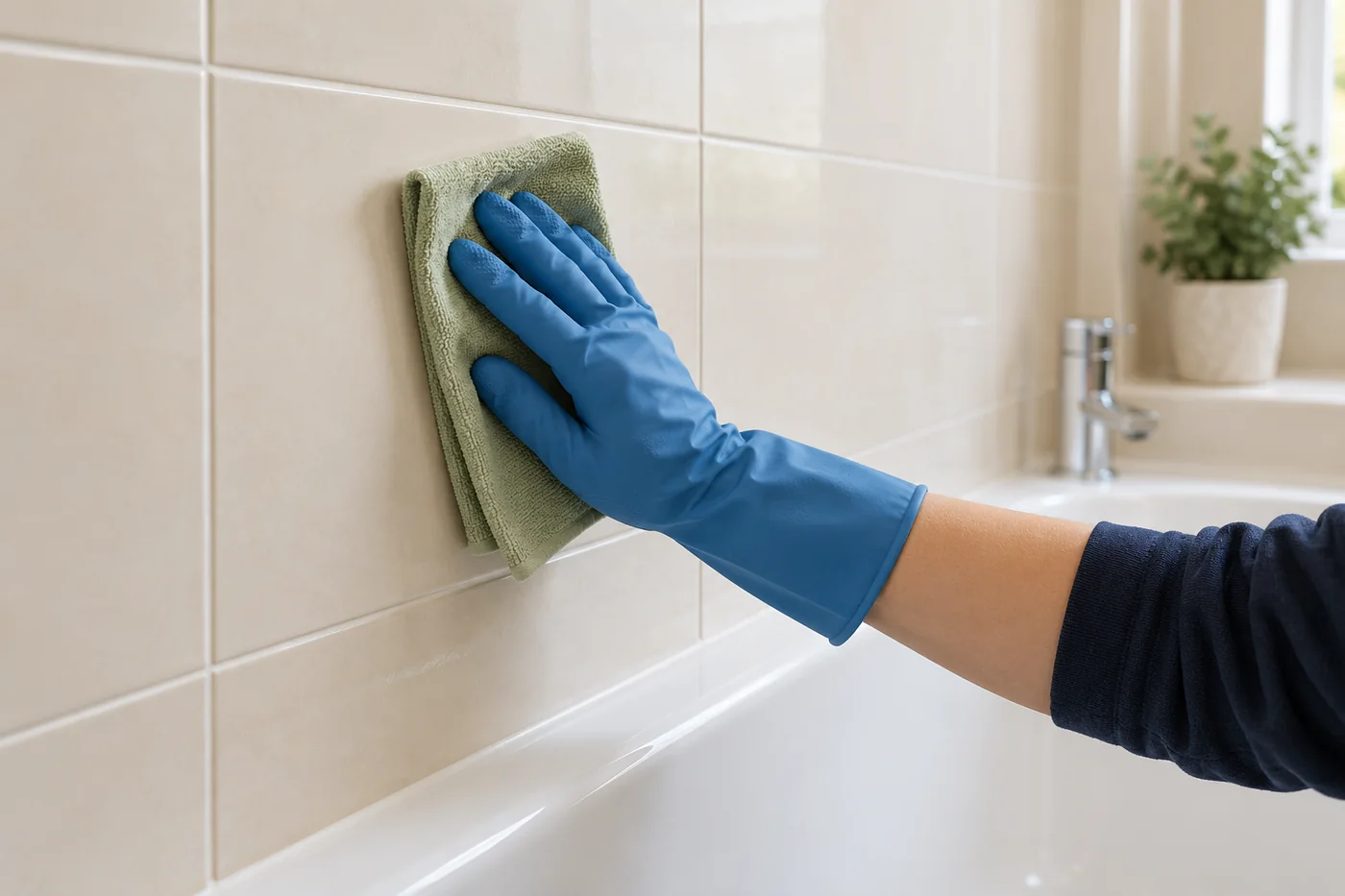 Blue-gloved hand pressing a sage cloth against pale bathroom wall tiles beside a bath