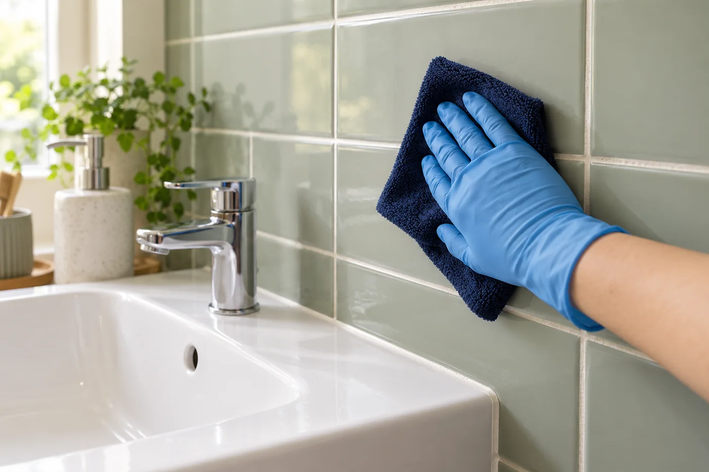 Blue-gloved hand wiping sage bathroom wall tiles above a basin