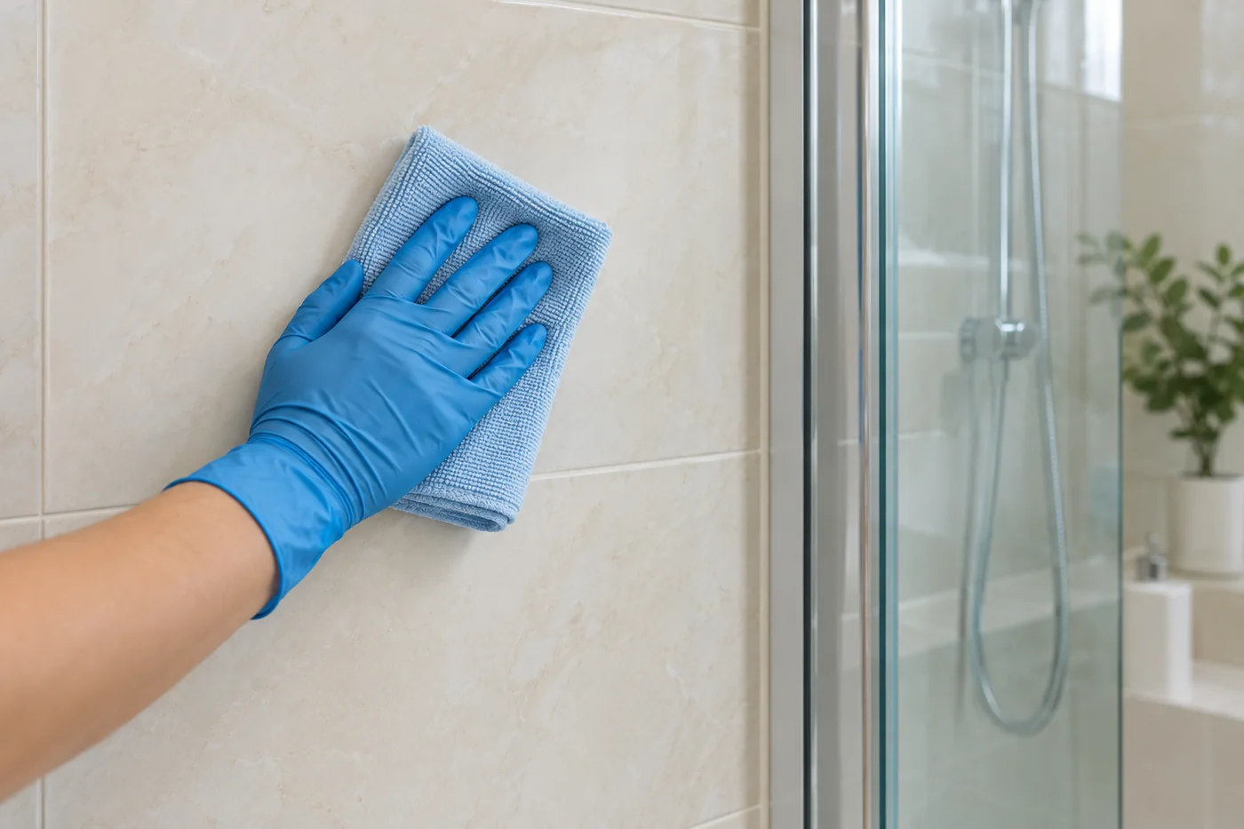 Blue-gloved hand wiping bathroom tiles beside a shower screen with a pale blue cloth