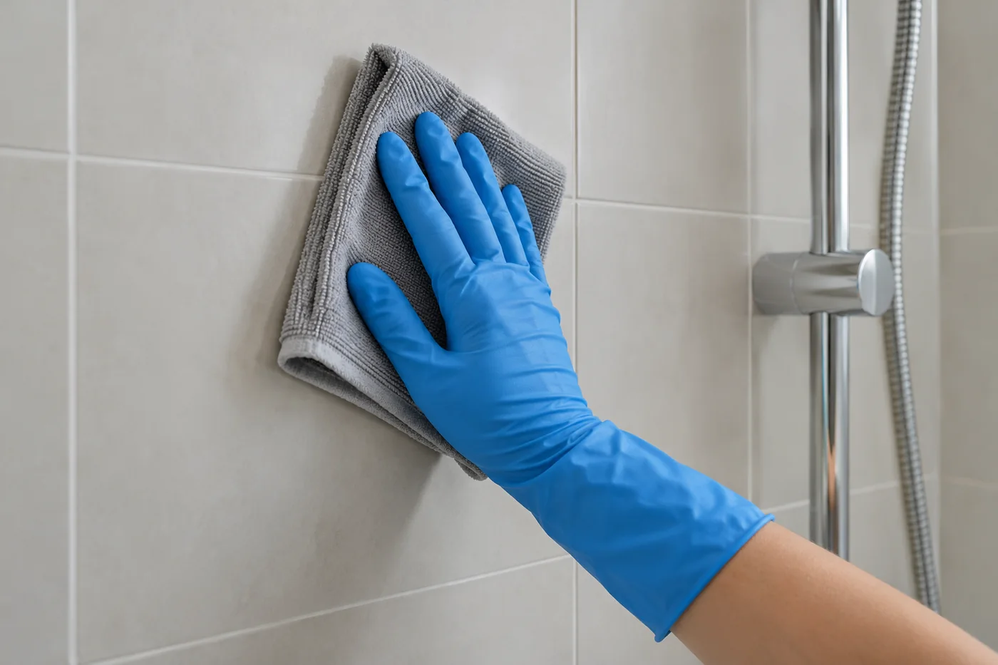 Blue-gloved hand holding a grey cloth against shower wall tiles beside a chrome rail