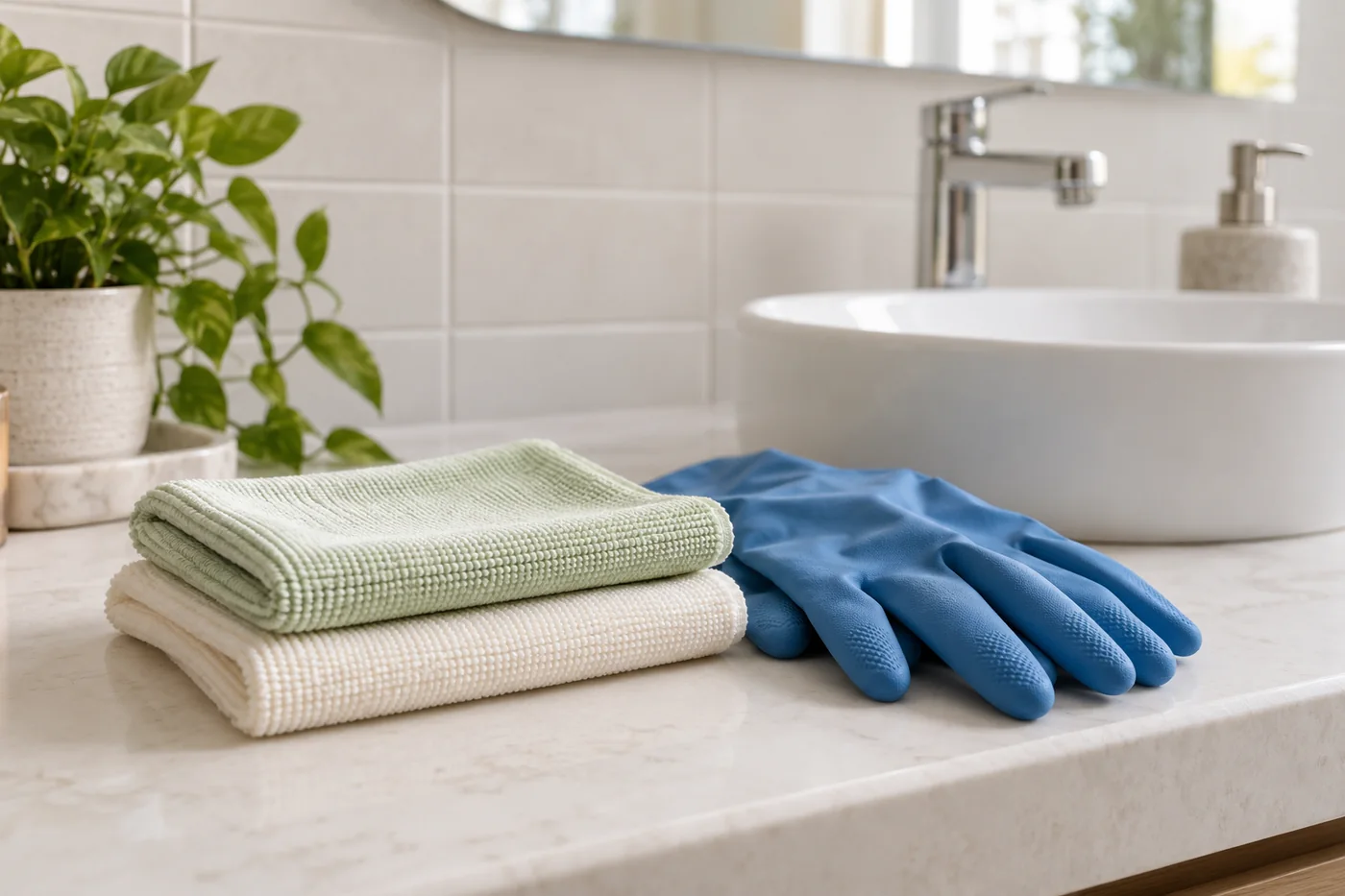 Folded cloths and blue cleaning gloves on a bathroom counter beside a basin