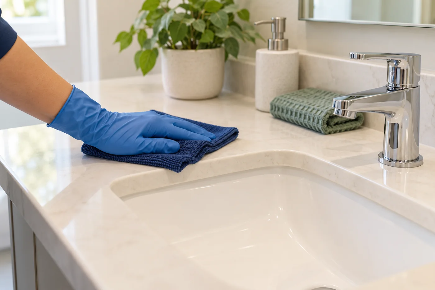 Blue-gloved hand wiping a pale bathroom basin surround with a navy cloth