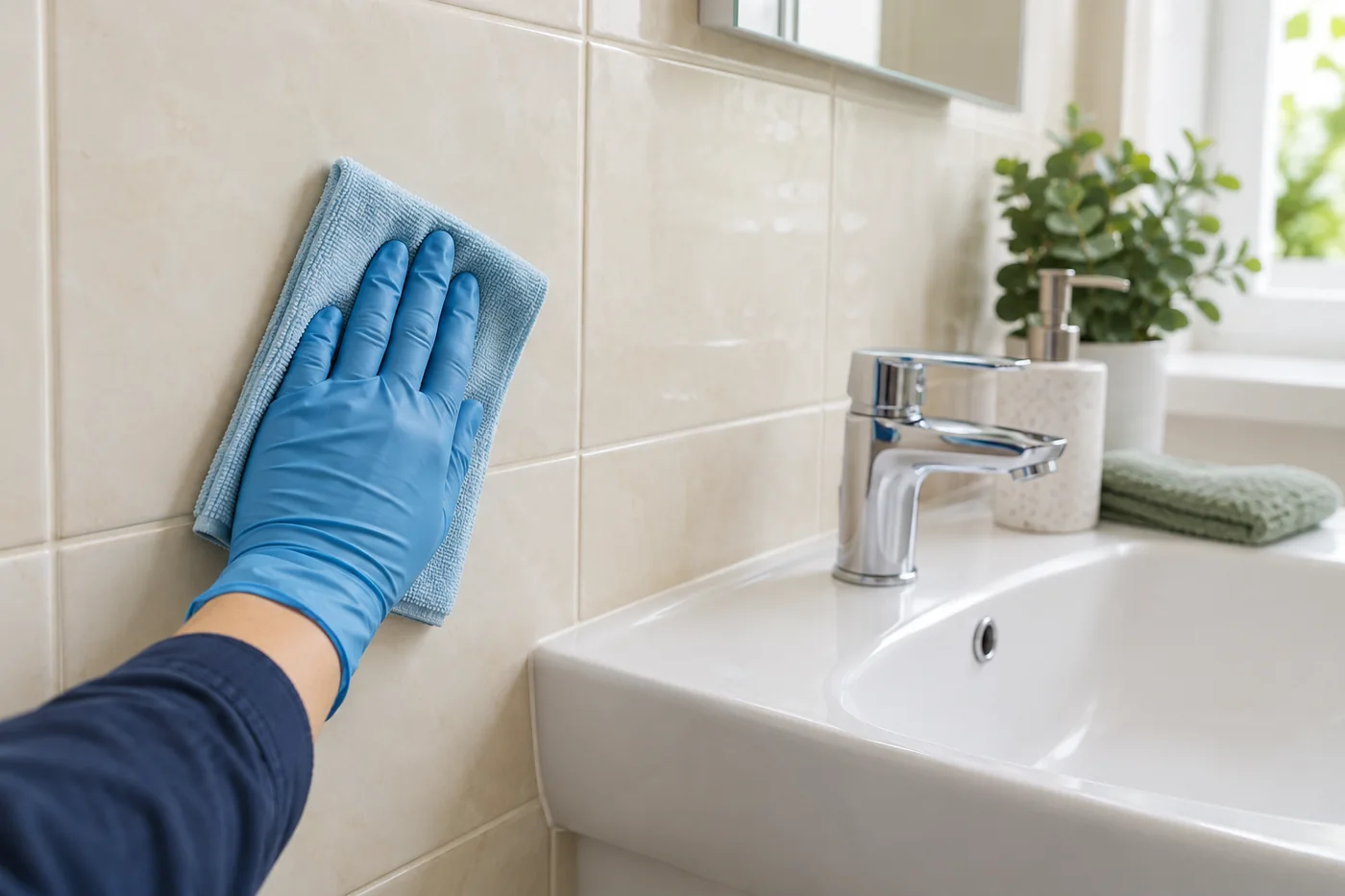 Blue-gloved hand wiping cream bathroom tiles beside a basin with a pale blue cloth