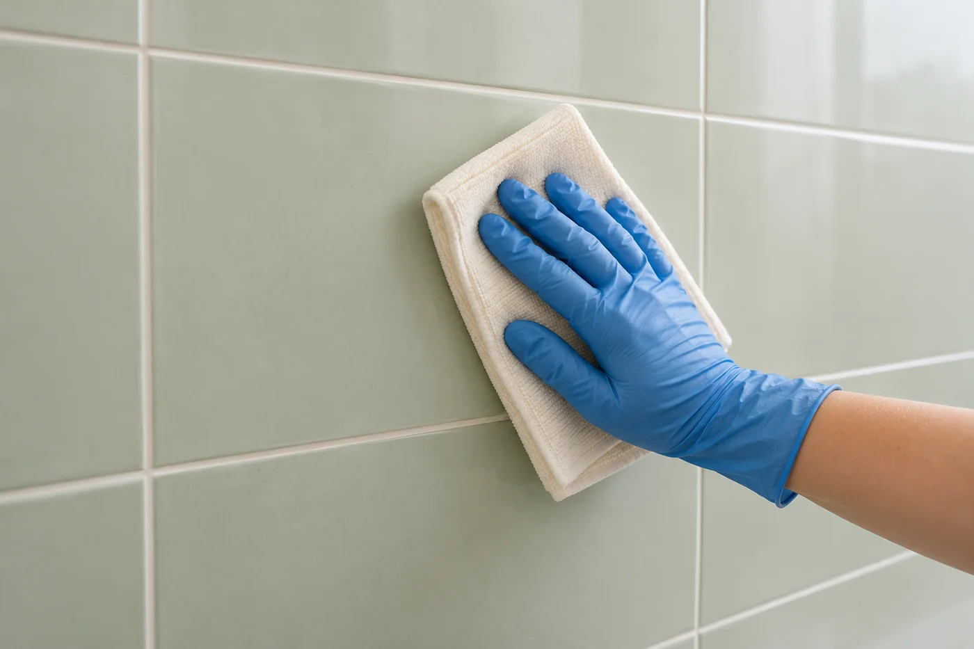 Blue-gloved hand wiping pale sage bathroom tiles with a cream cloth