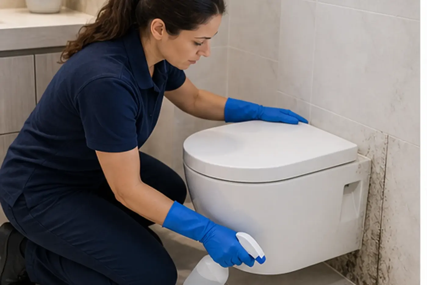Cleaner scrubbing bathroom tiles beside a toilet