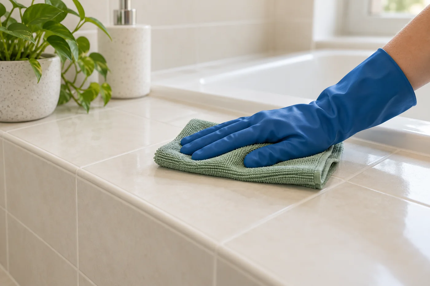 Blue-gloved hand wiping a pale tiled bathroom ledge with a sage cloth