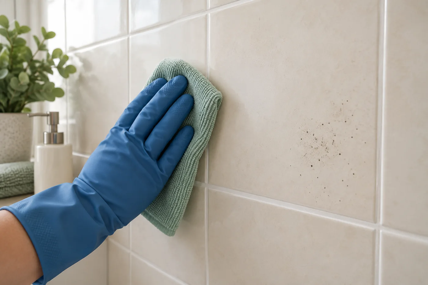 Blue-gloved hand wiping pale bathroom tiles beside small dark specks