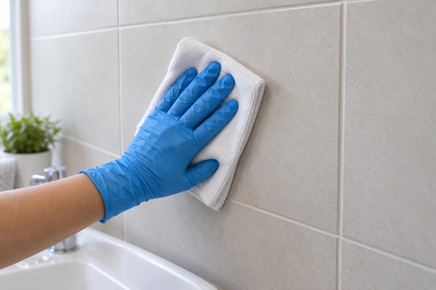 Gloved hand wiping an intact pale bathroom wall tile with a folded white cloth
