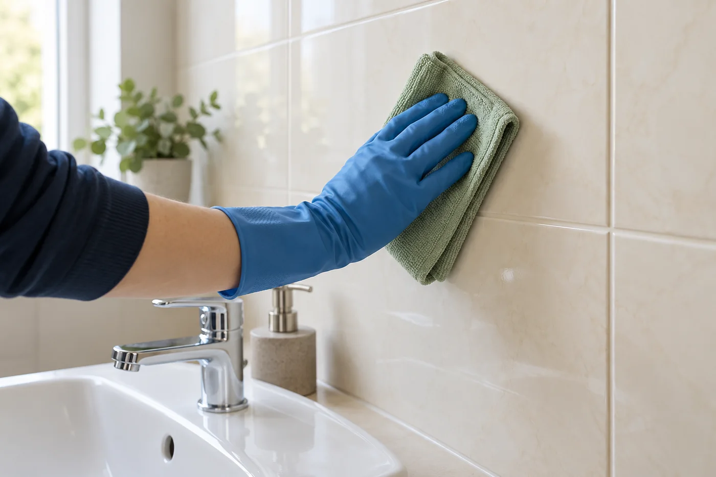 Blue-gloved hand holding a sage cloth against a cream bathroom tile above a basin