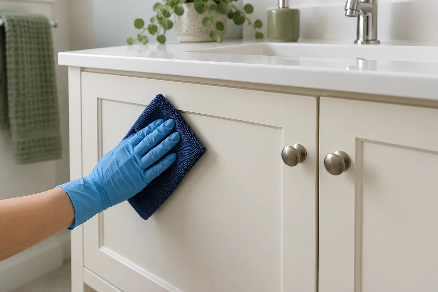 Blue-gloved hand wiping a closed cream bathroom vanity door with a navy cloth