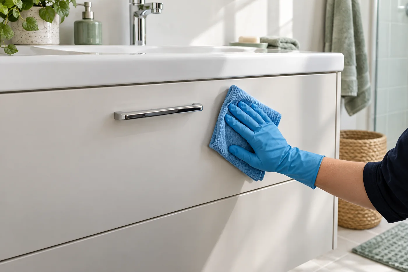 Blue-gloved hand wiping a pale bathroom vanity drawer front with a blue cloth