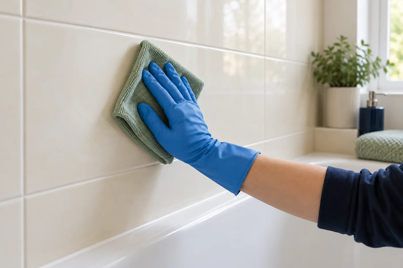 Blue-gloved hand holding a sage cloth against a cream bathroom tile above a bath