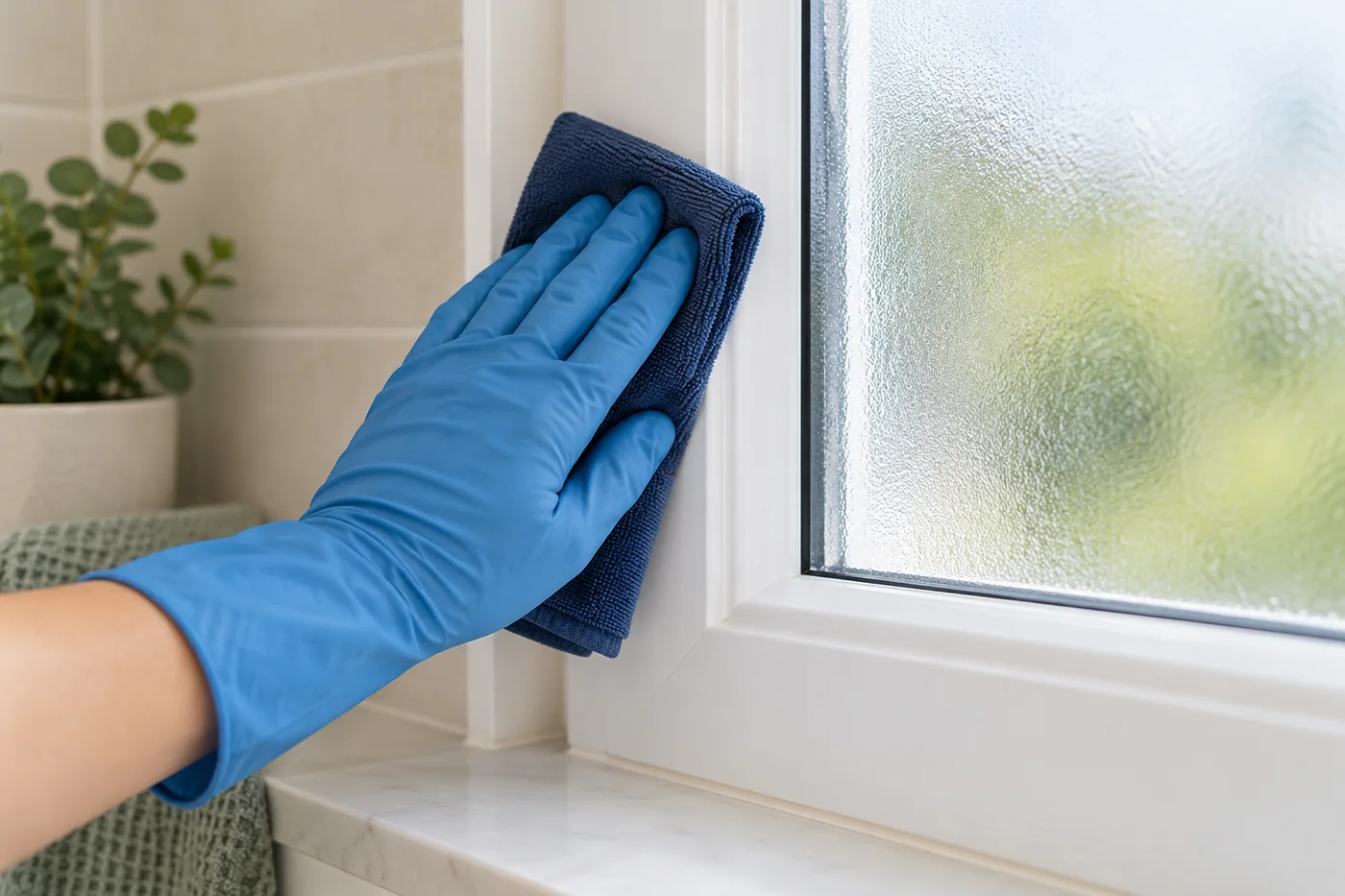 Blue-gloved hand wiping a white bathroom window frame with a navy cloth